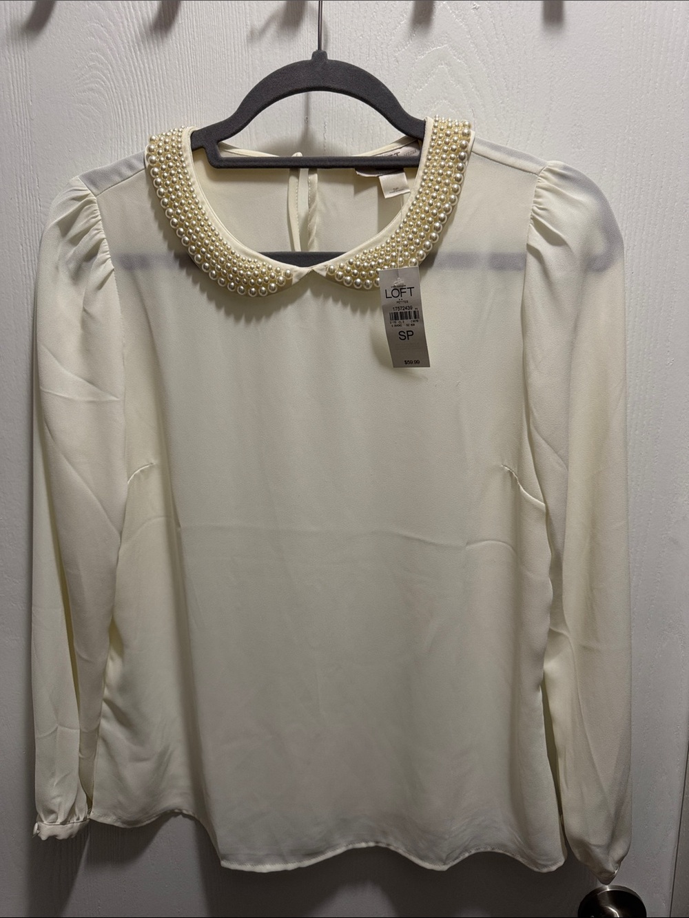 LOFT Cream Pearl-Embellished Collar Blouse